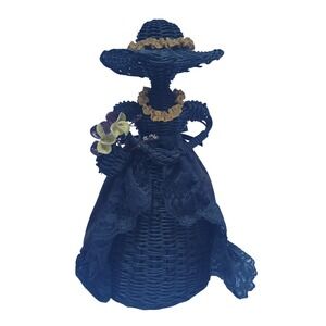 Hawaiian Wicker Lady Figurine Black Dress Wicker Hat Flowers